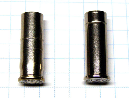 Bulged .38 Special case (L) caused by improper sizing die setup